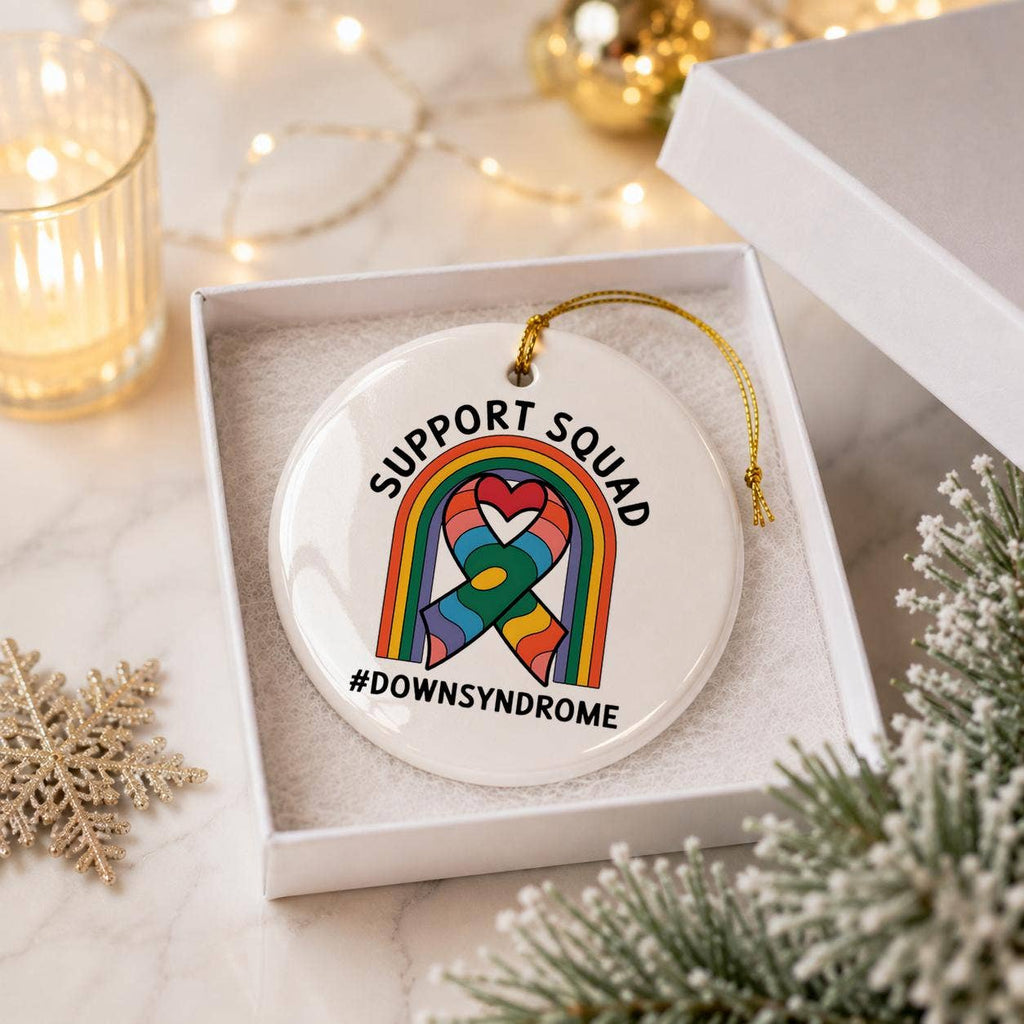 Colorful Down Syndrome Support Ribbon Heart Ceramic Ornament
