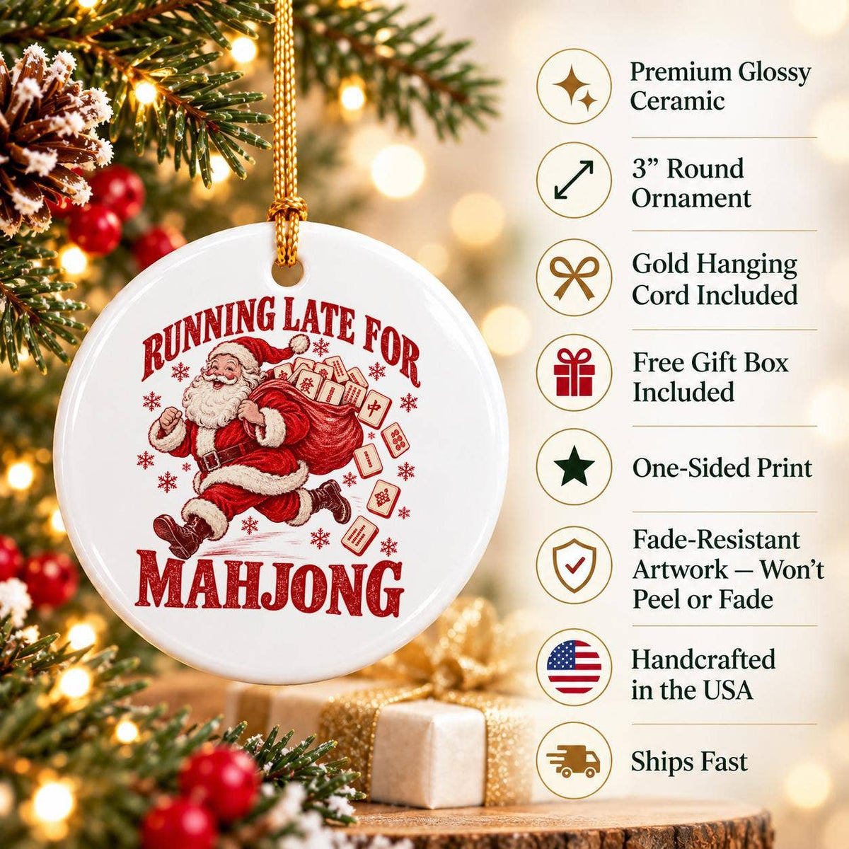Santa Mahjong Christmas Ceramic Ornament Gift Boxed