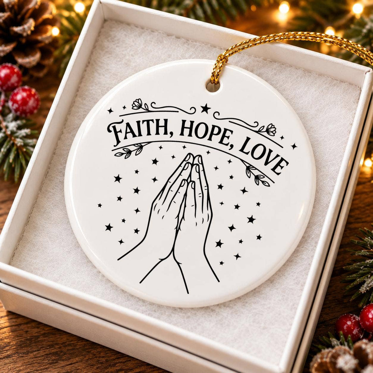 Faith Hope Love Ceramic Ornament with Praying Hands Design