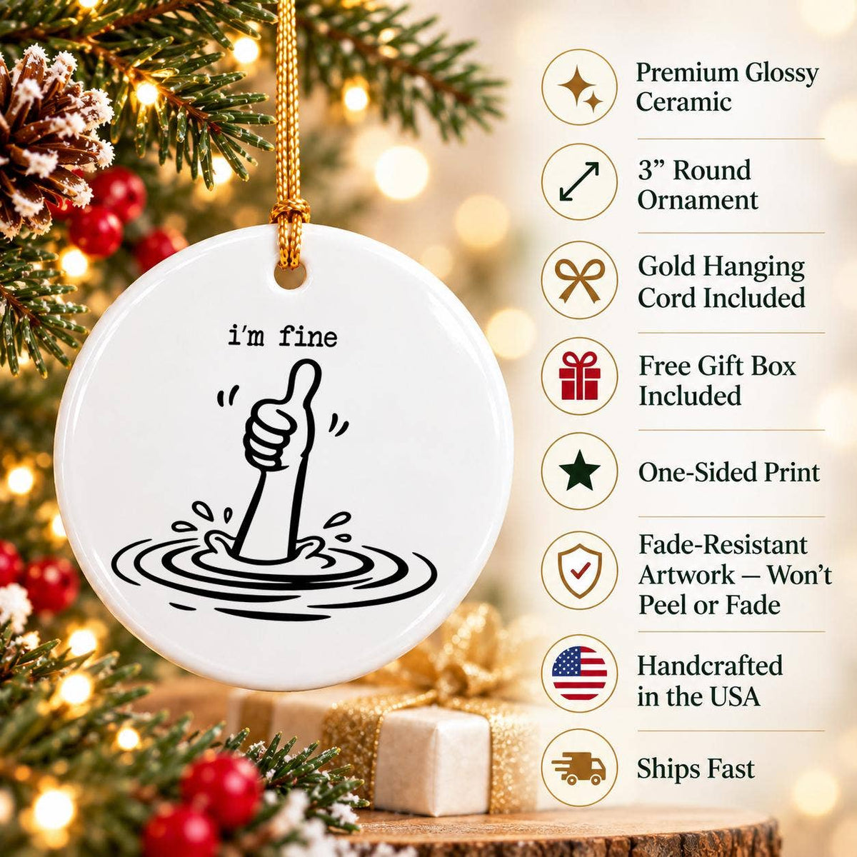 Humorous I'm Fine' Hand Motif Ceramic Christmas Ornament