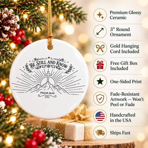 Be Still and Know Mountain Motif Ceramic Christmas Ornament