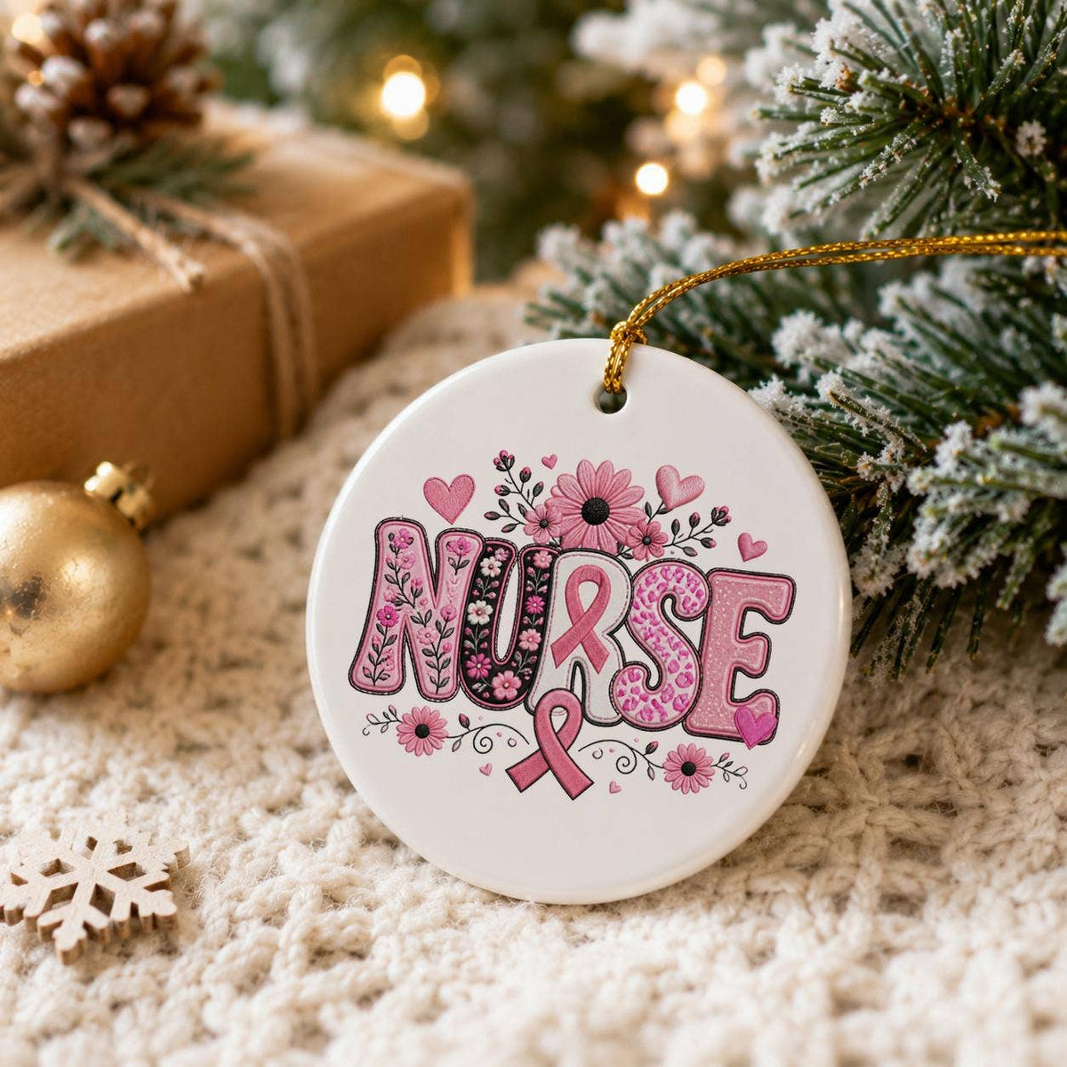 Nurse Pink Ribbon Floral Ceramic Christmas Ornament