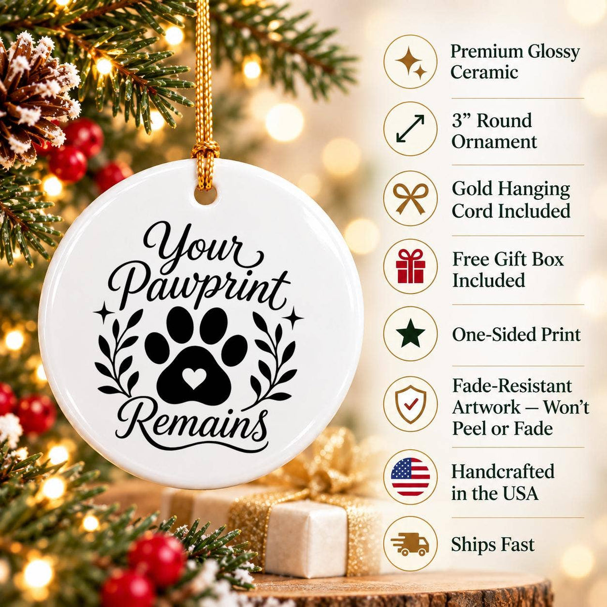 Elegant Pet Memorial Ornament with Pawprint & Floral Design