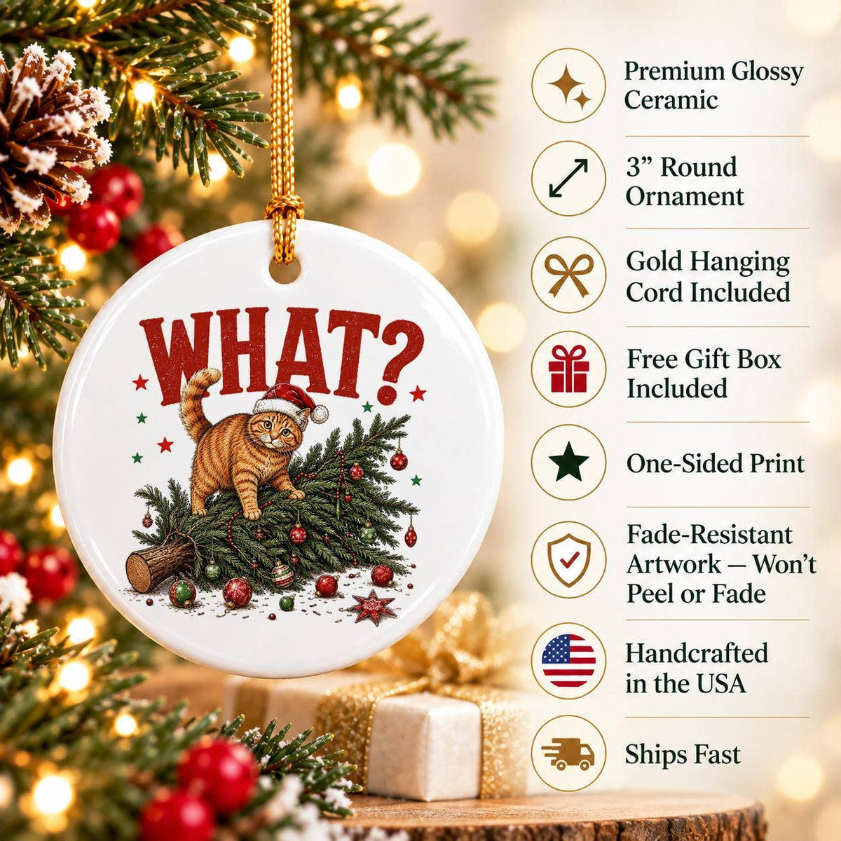 Cat Mischief Holiday Ceramic Ornament with Gift Box