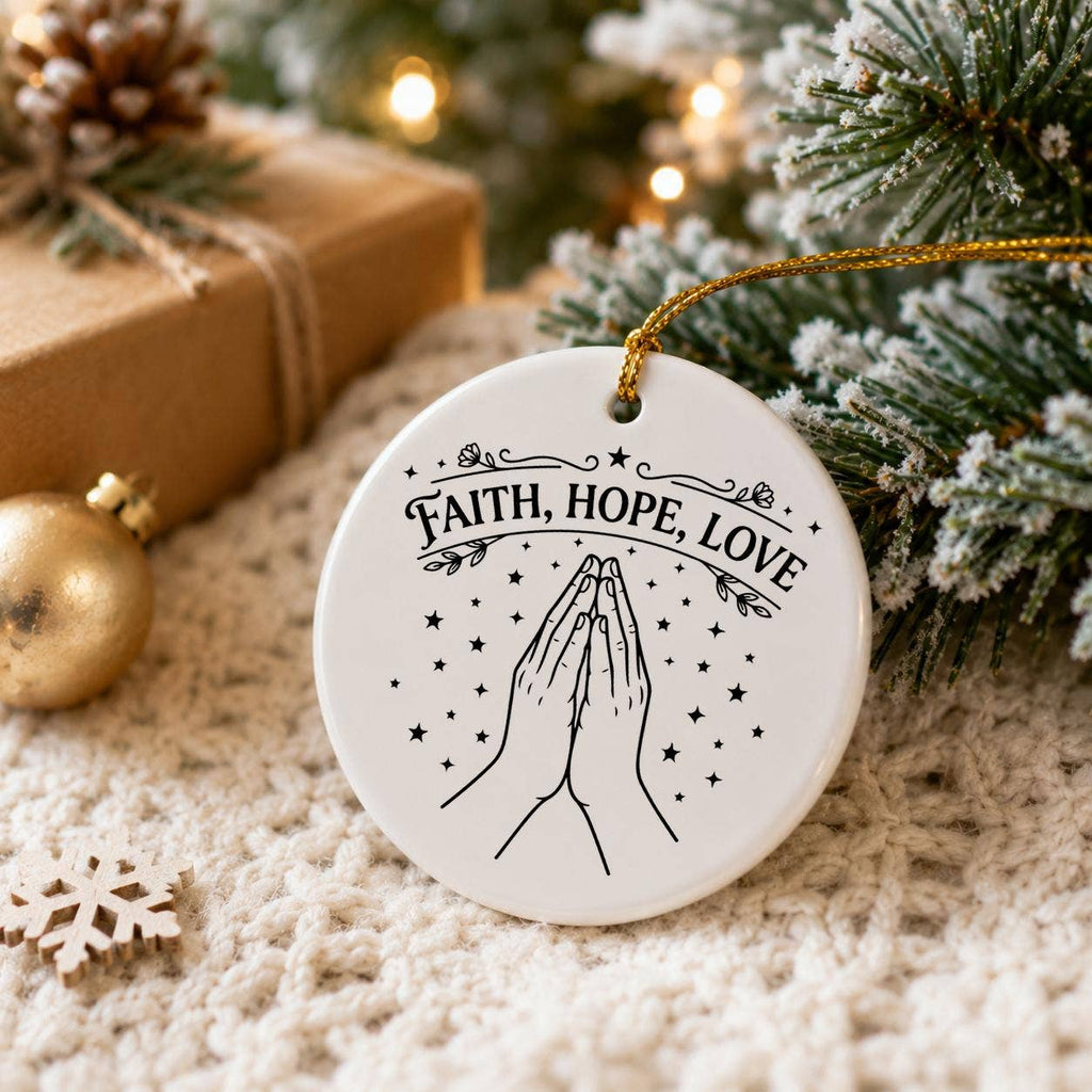 Faith Hope Love Ceramic Ornament with Praying Hands Design