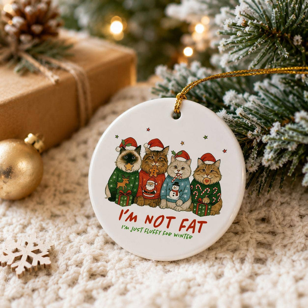 Humorous Fluffy Cats Ceramic Ornament with Sweaters & Gifts