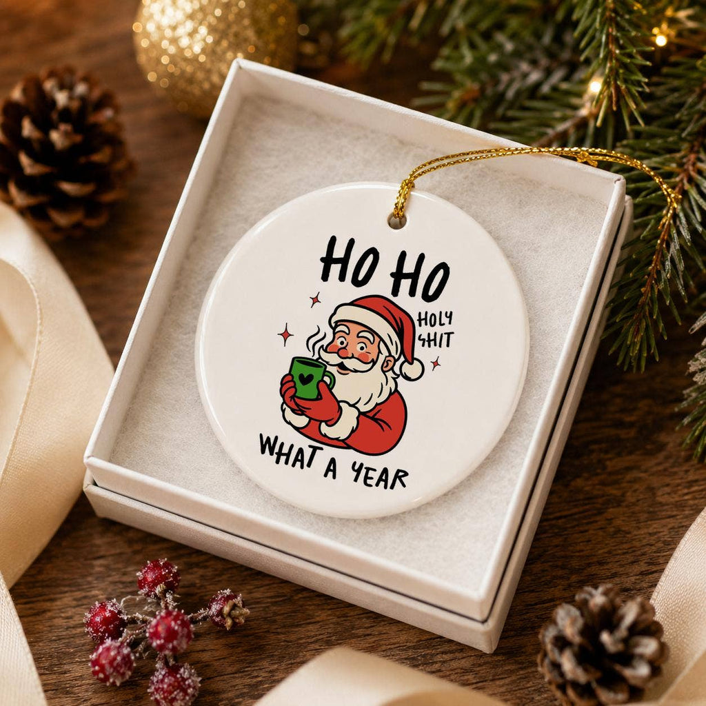 Funny Santa Ceramic Christmas Ornament with Gift Box
