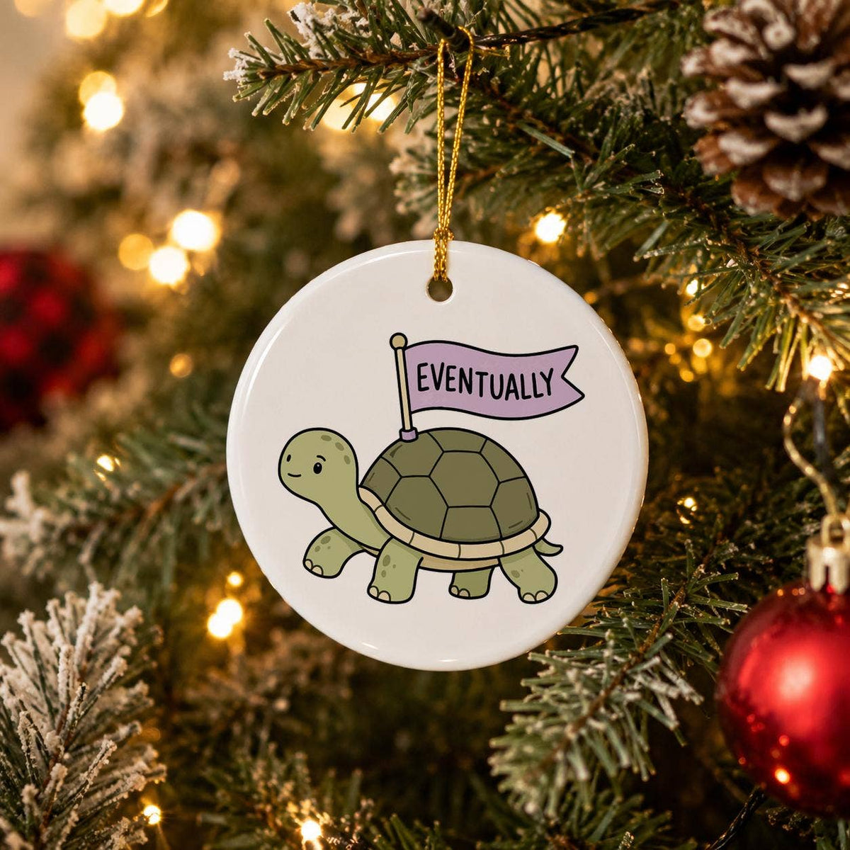 Charming Ceramic Turtle Christmas Ornament with Gold Ribbon