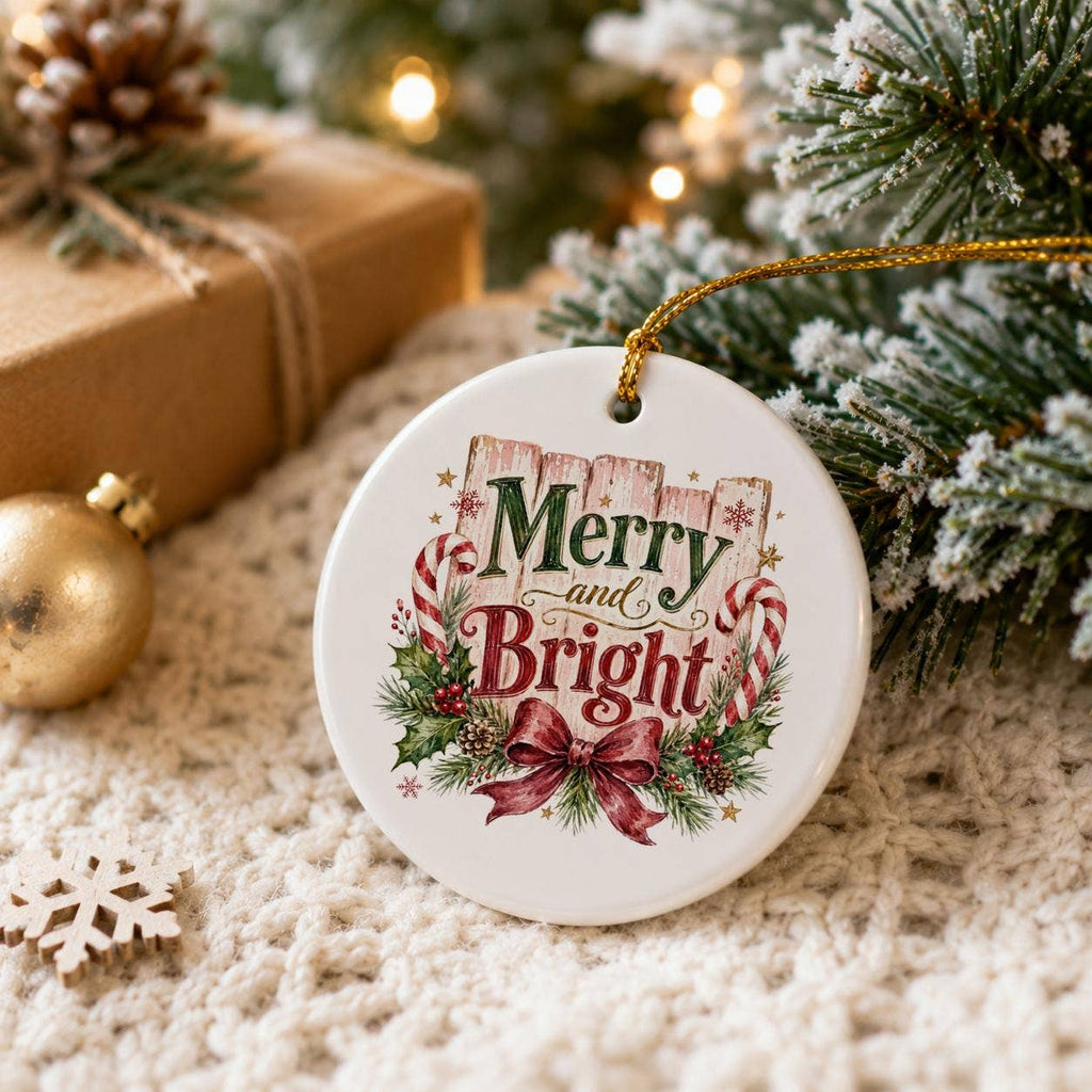 Merry & Bright Ceramic Ornament with Candy Canes & Holly