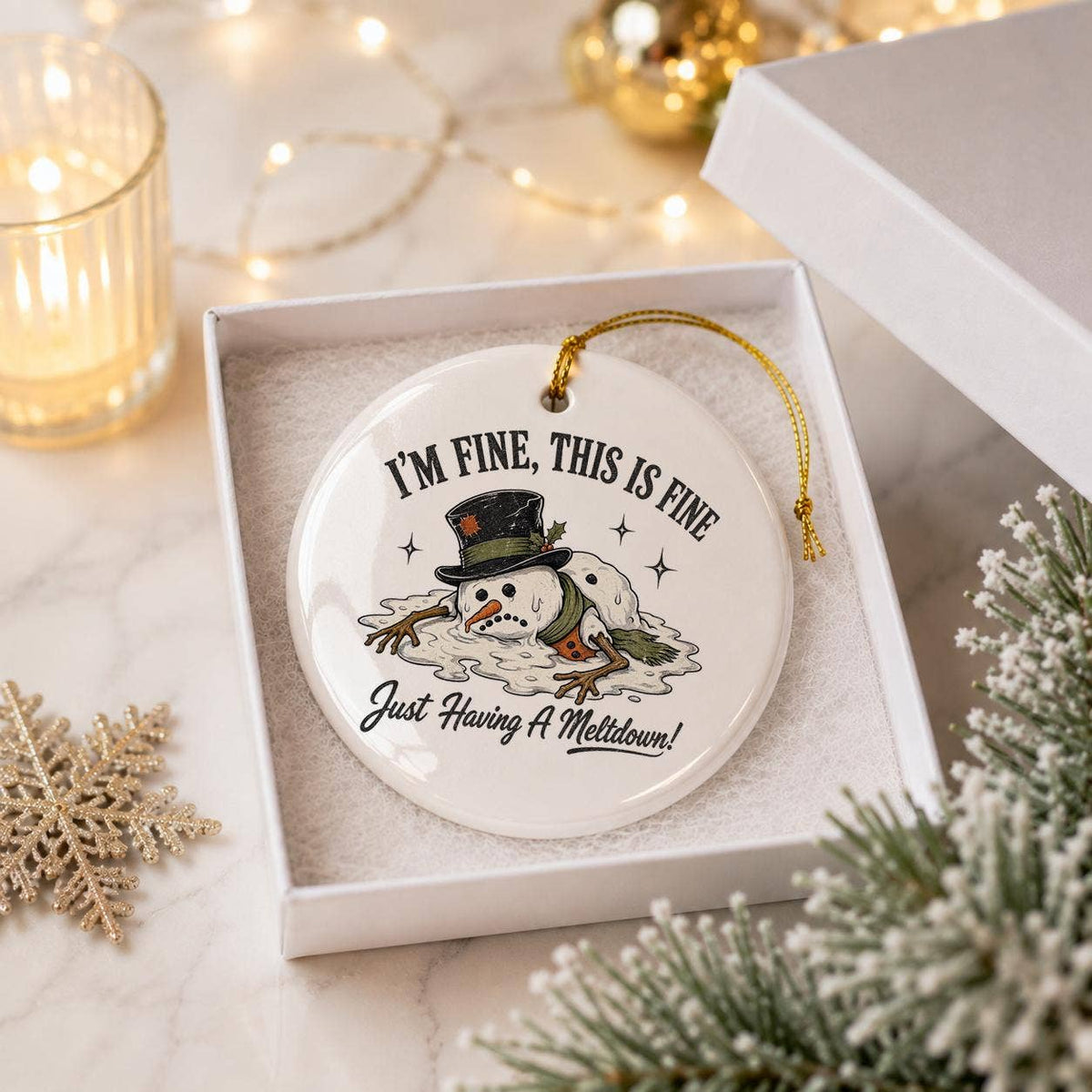 Humorous Snowman Meltdown Ceramic Christmas Ornament