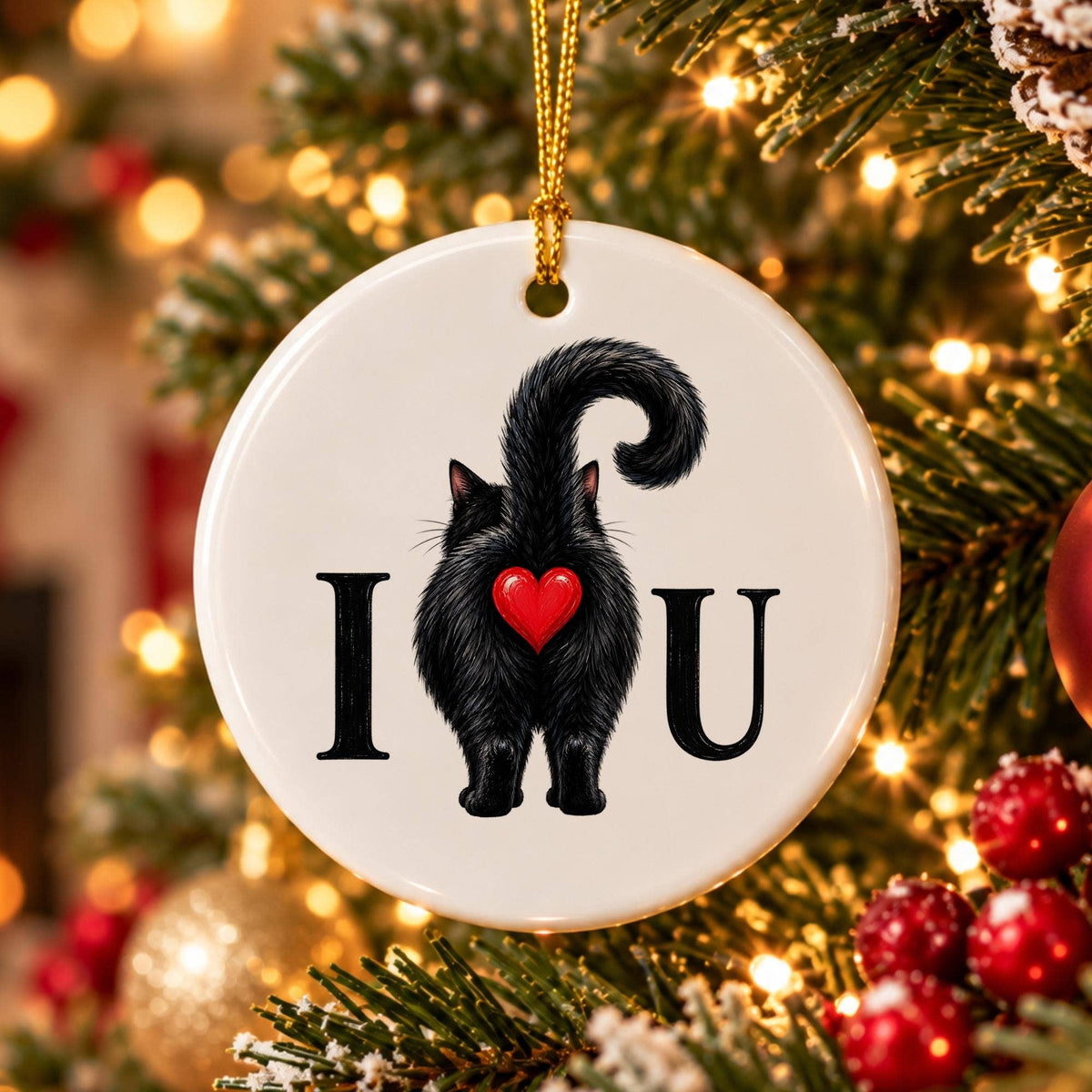 Charming Ceramic Black Cat Ornament with Red Heart Gift Box