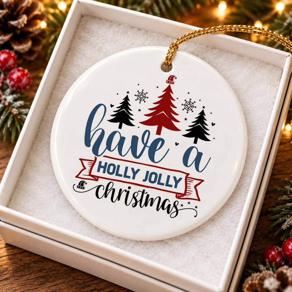 Holly Jolly Christmas Ceramic Ornament with Gift Box