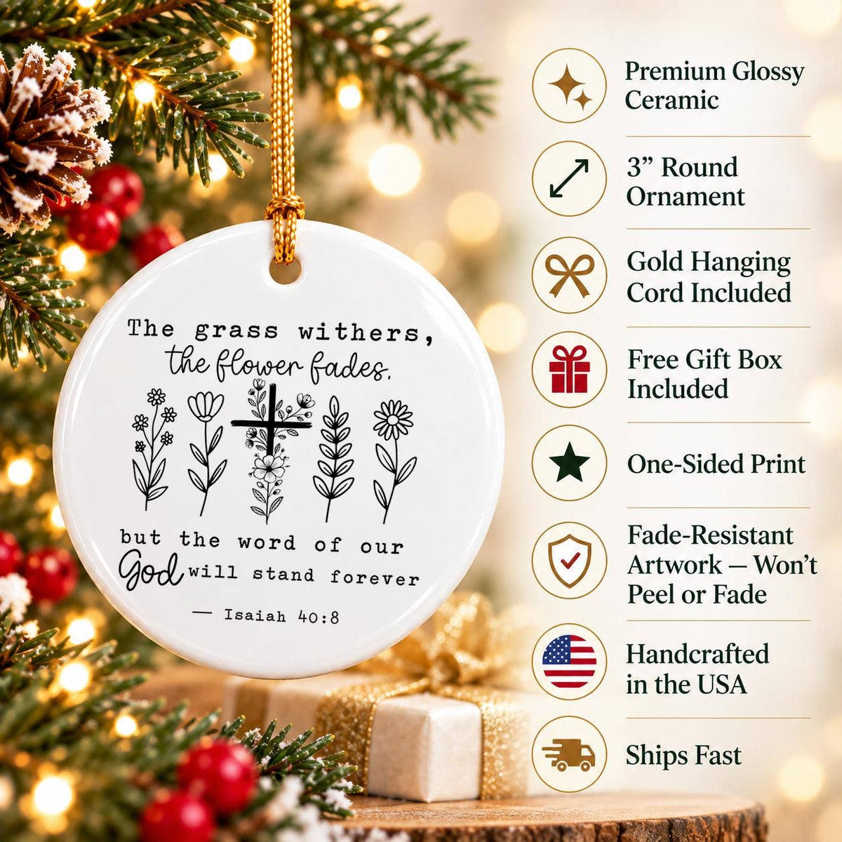 Inspirational Scripture Ceramic Ornament with Flowers