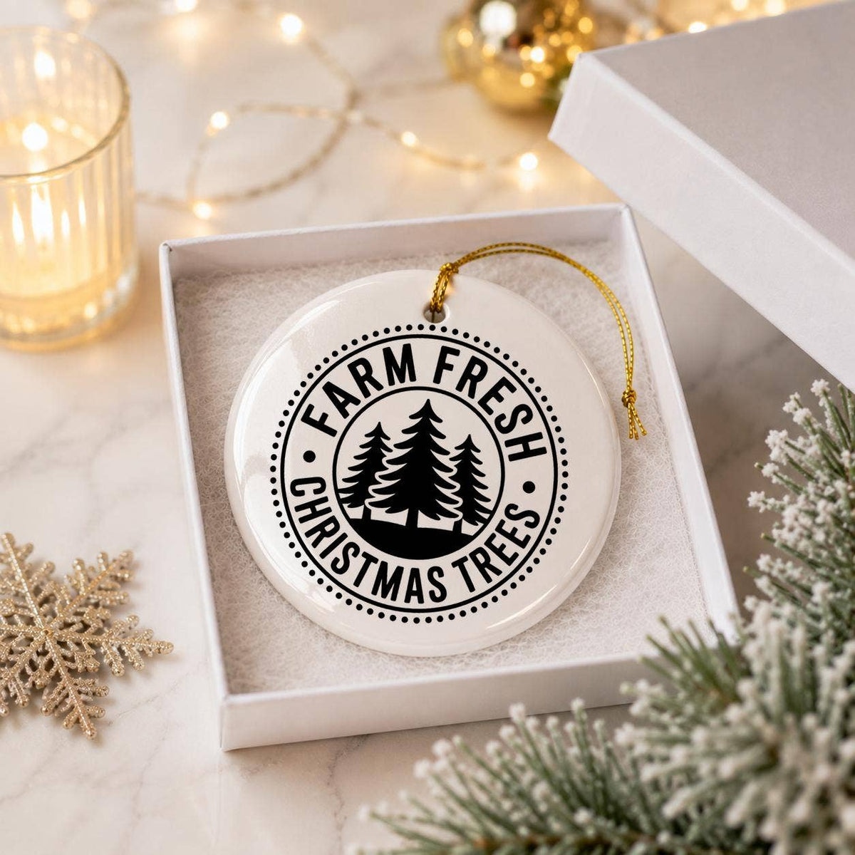 Farm Fresh Pine Trees Rustic Ceramic Ornament with Gift Box
