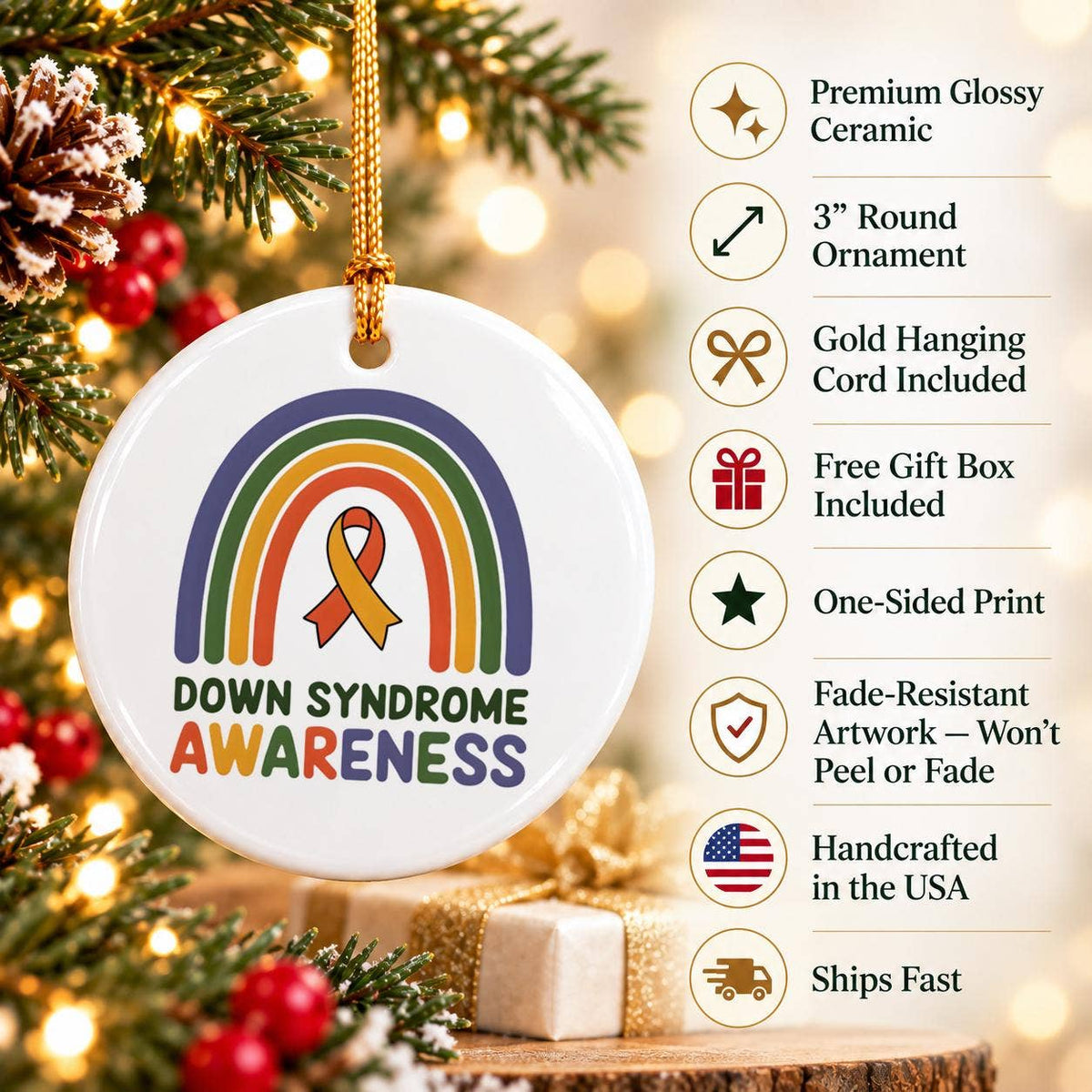 Down Syndrome Awareness Ceramic Ornament - Rainbow & Ribbon