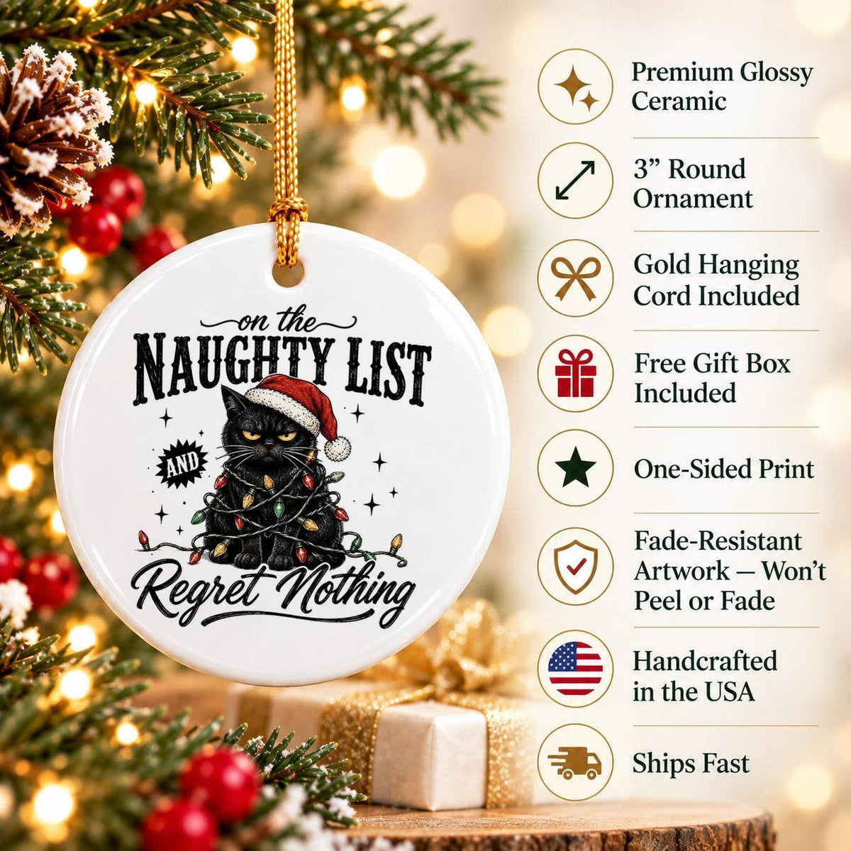 Cat Lovers Naughty List Christmas Ornament - Ceramic Gift