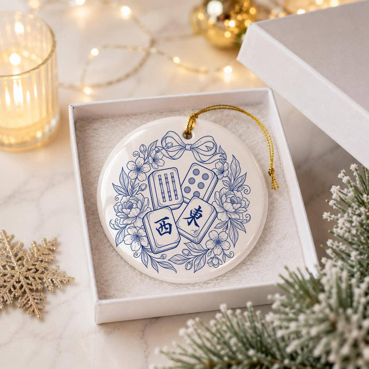 Blue Floral Mahjong Ceramic Ornament for Christmas Trees
