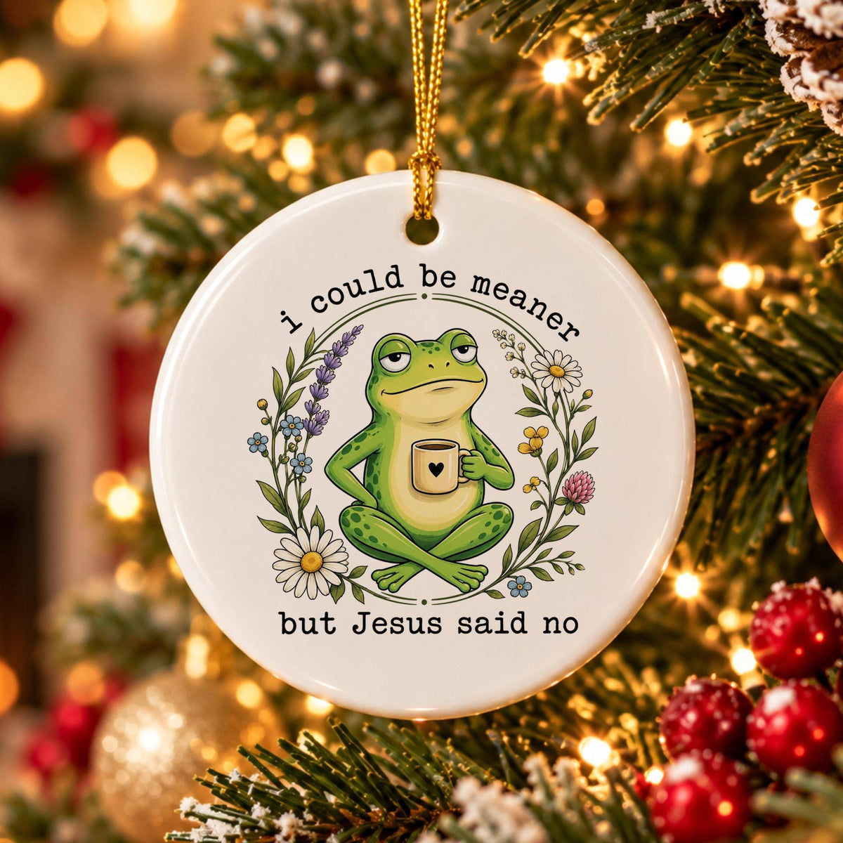 Humorous Ceramic Frog Ornament with Floral Faith Quote 2023