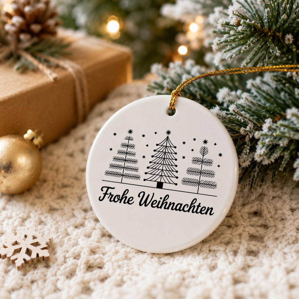 Frohe Weihnachten Ceramic Ornament with Trees & Star Accents