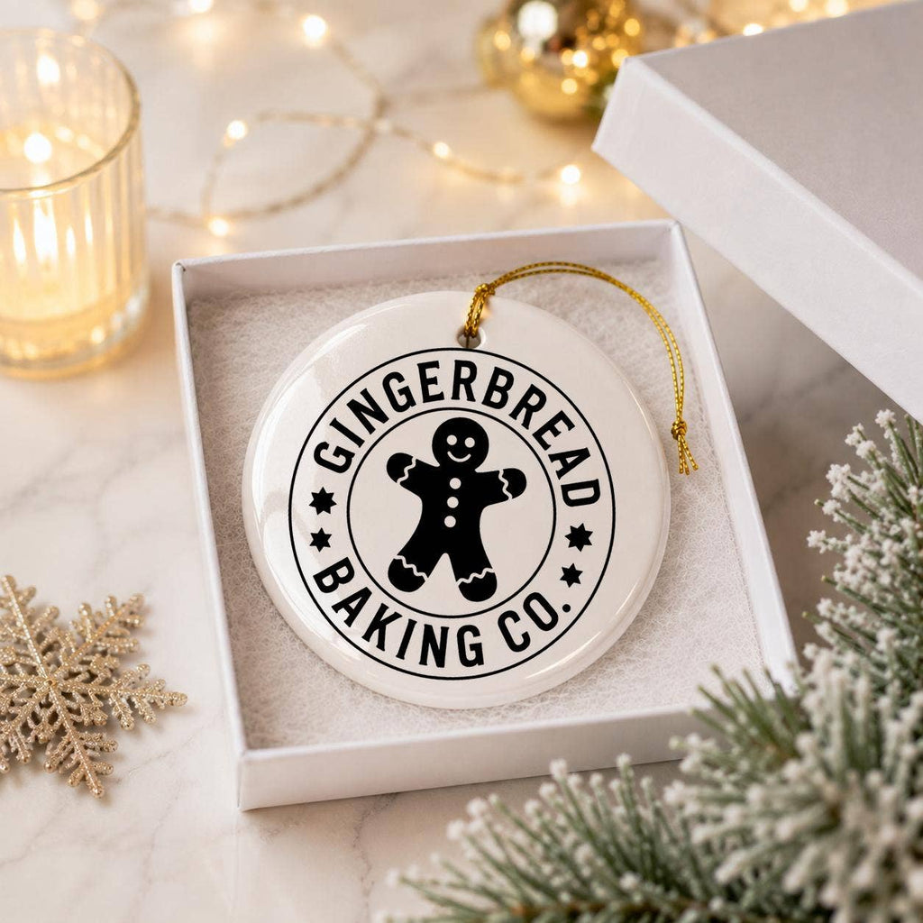 Holiday Gingerbread Man Ceramic Ornament with Gold Ribbon