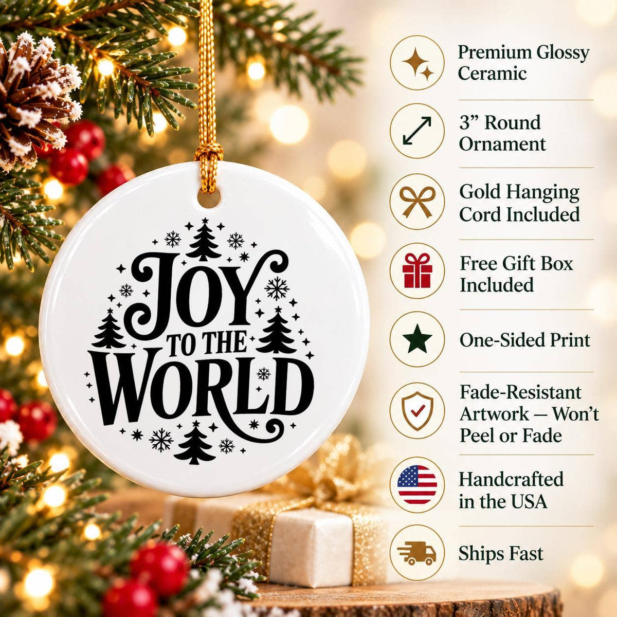 Joy to the World Ceramic Ornament with Snowflakes & Forest