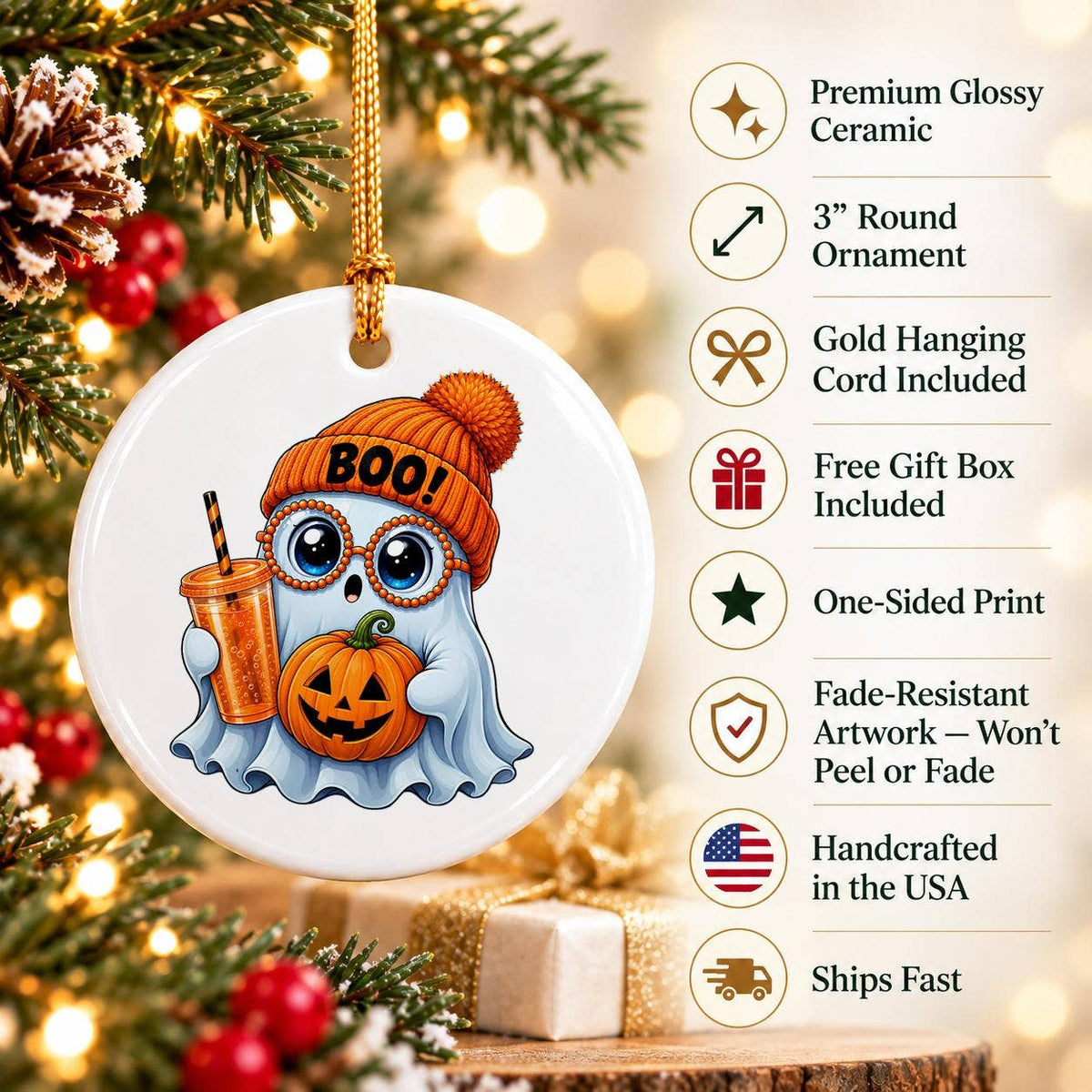 Ceramic Halloween Ghost Ornament with Pumpkin and Glasses