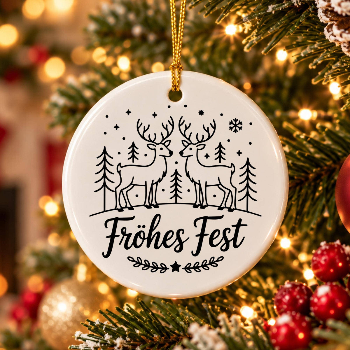 Elegant Ceramic Reindeer Ornament with Frohes Fest Sentiment