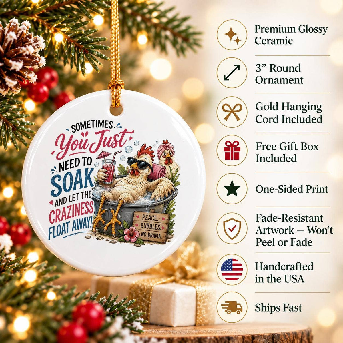 Cozy Tub Soaking Chicken Ceramic Ornament for Holiday Humor
