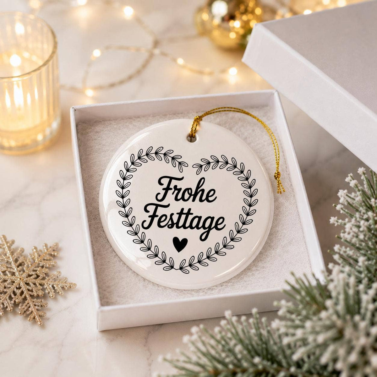 Heart Vine Motif 'Frohe Festtage' White Ceramic Ornament Box