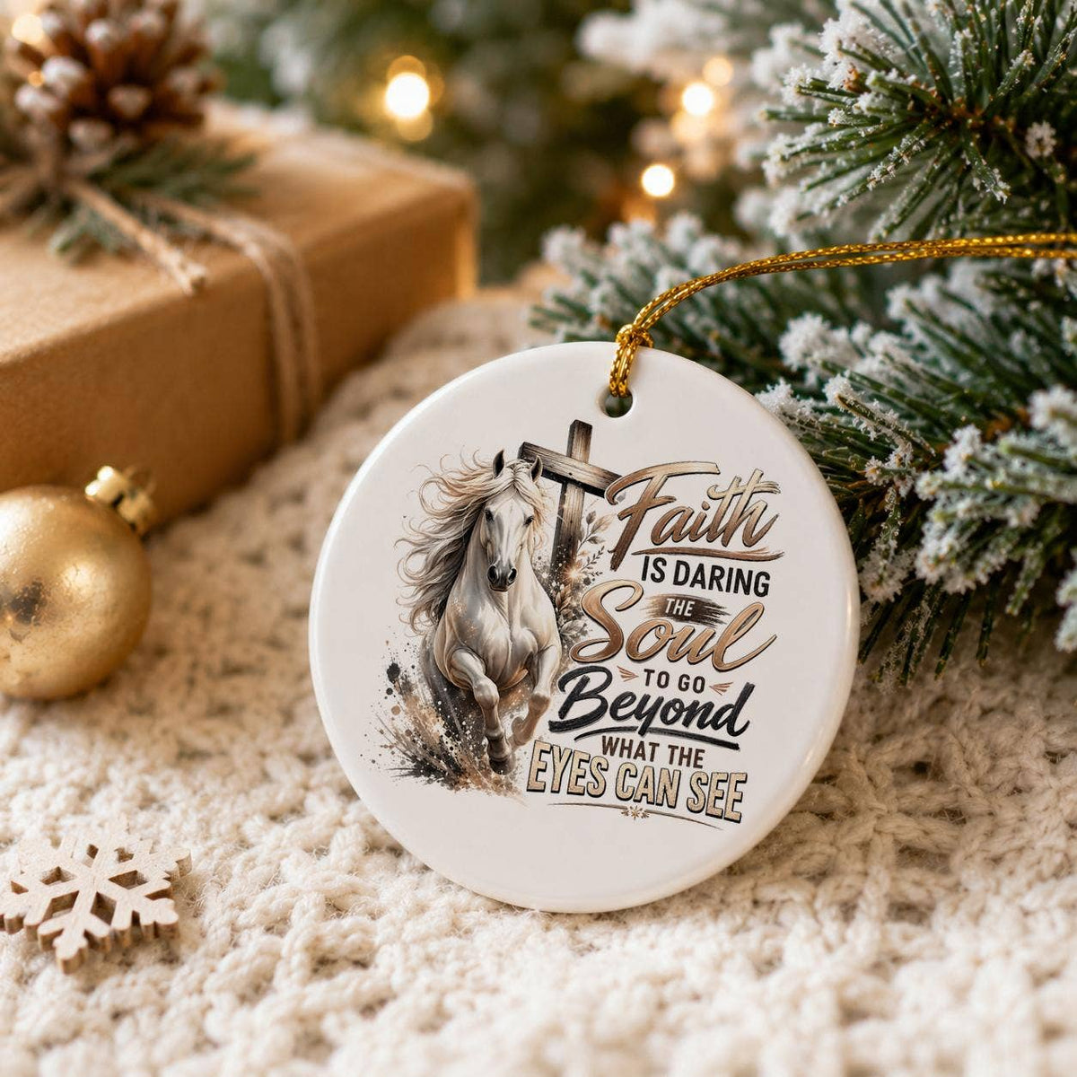 Faith Ceramic Ornament with Horse and Cross Design