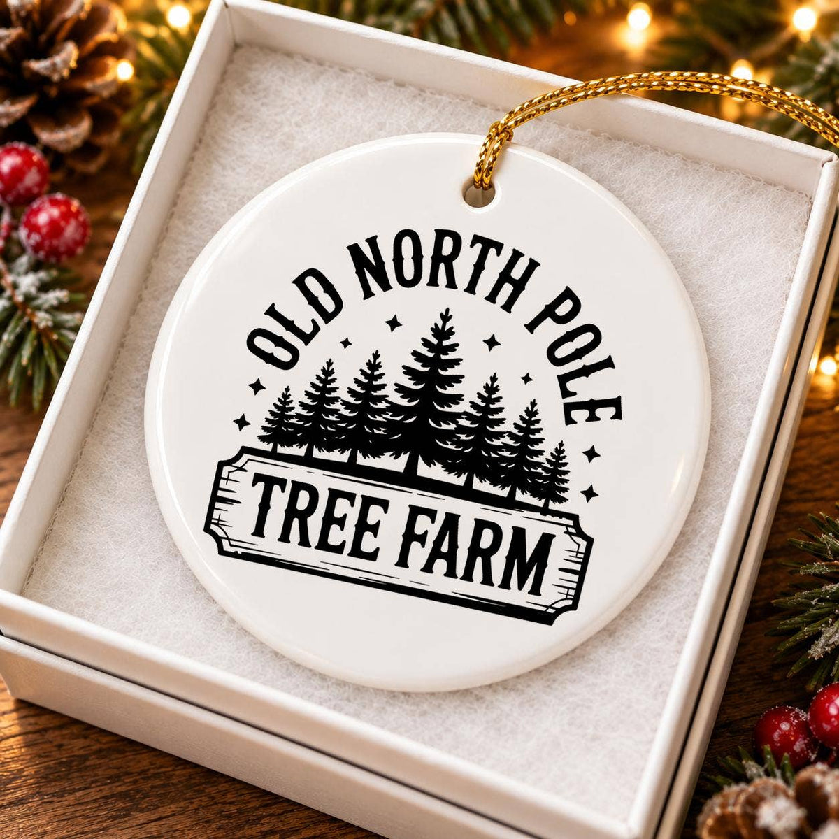 Vintage North Pole Tree Farm Ceramic Ornament for Christmas