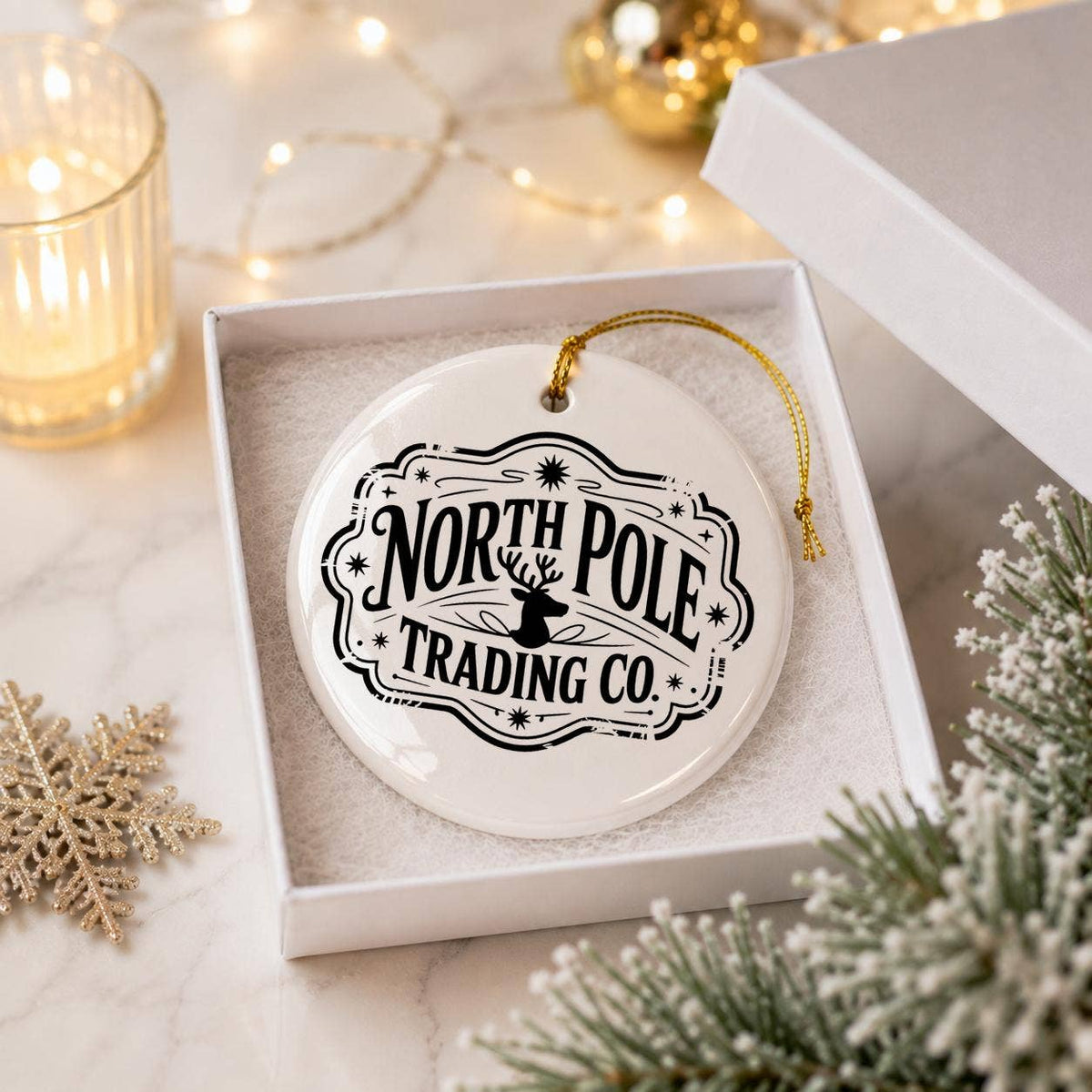 North Pole Ceramic Reindeer Ornament with Festive Typography
