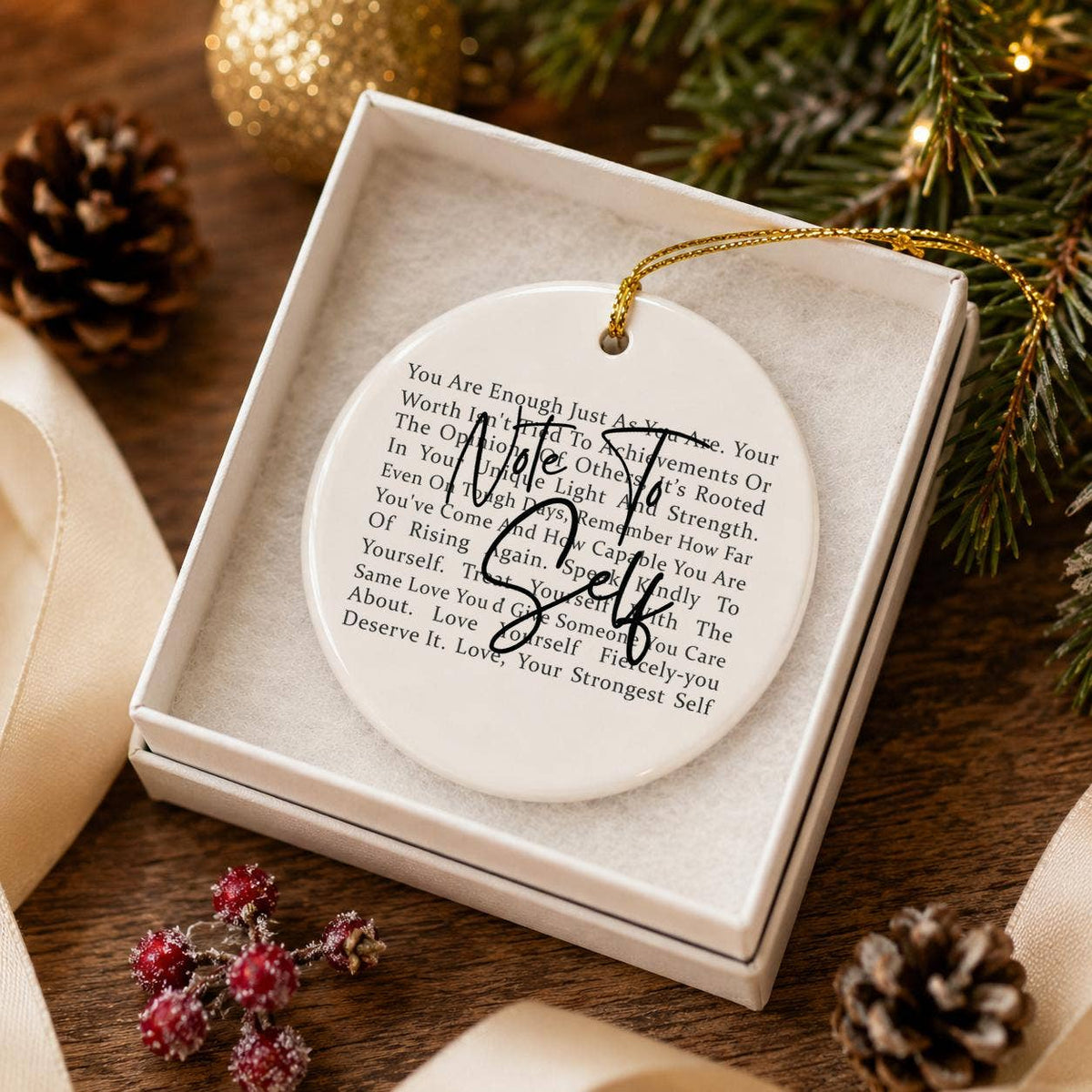 Inspirational Self-Love Ceramic Ornament with Gold Ribbon