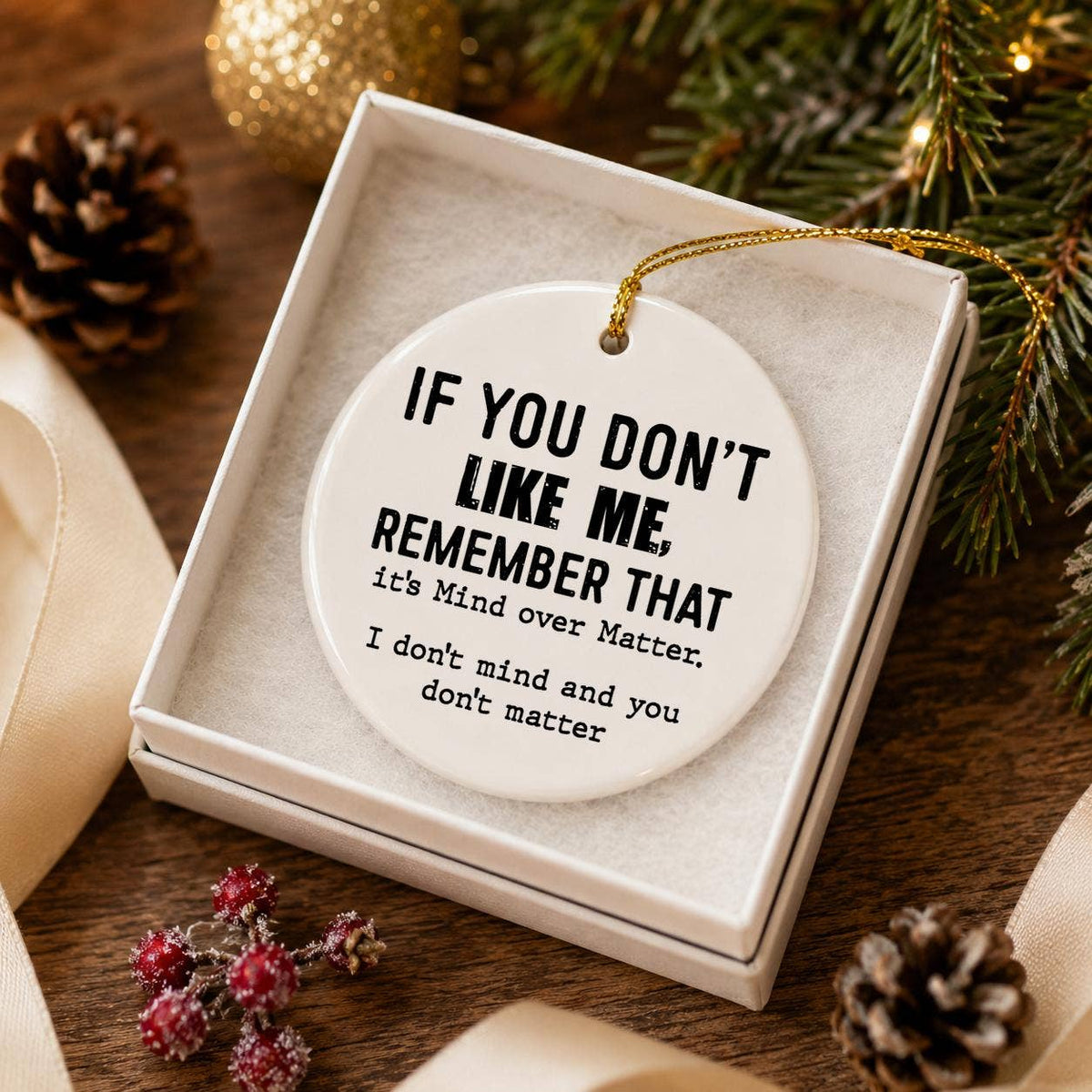 Cheeky 'Mind Over Matter' White Ceramic Holiday Ornament