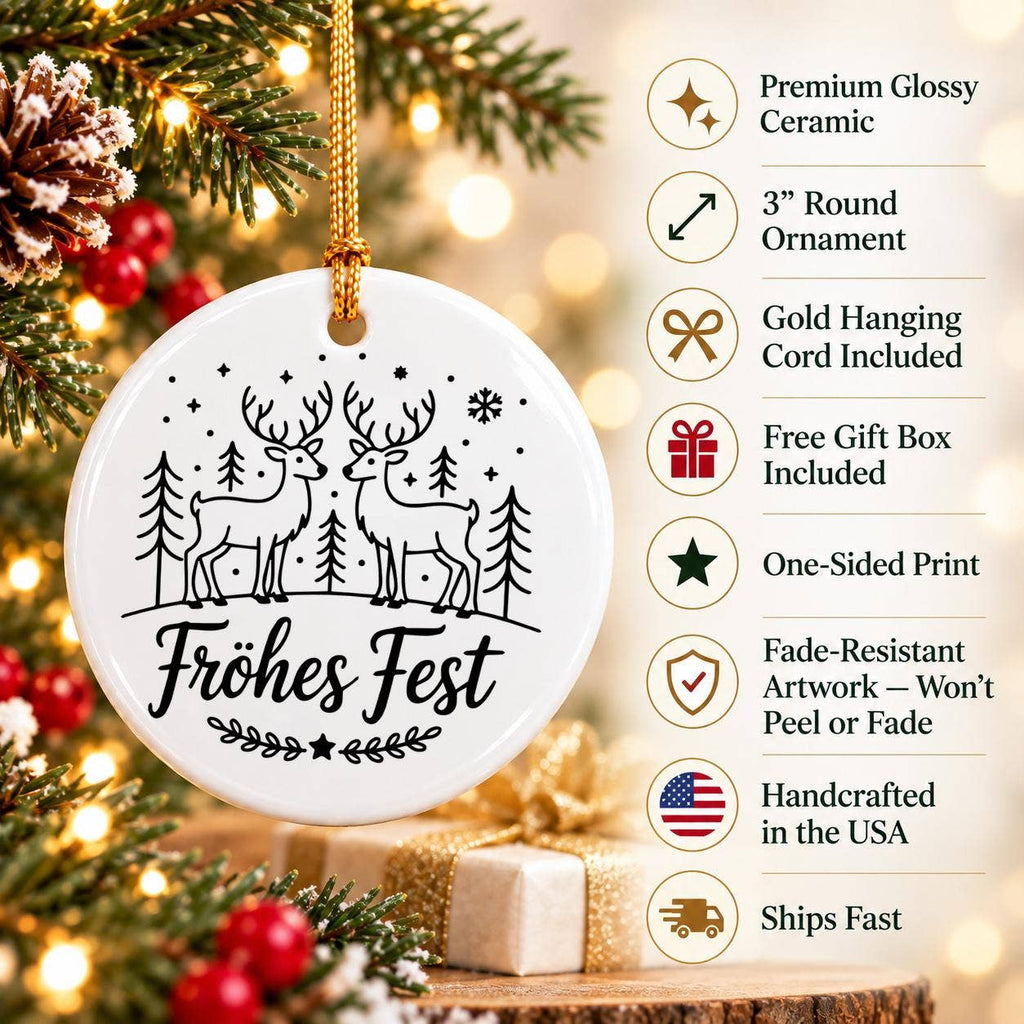 Elegant Ceramic Reindeer Ornament with Frohes Fest Sentiment