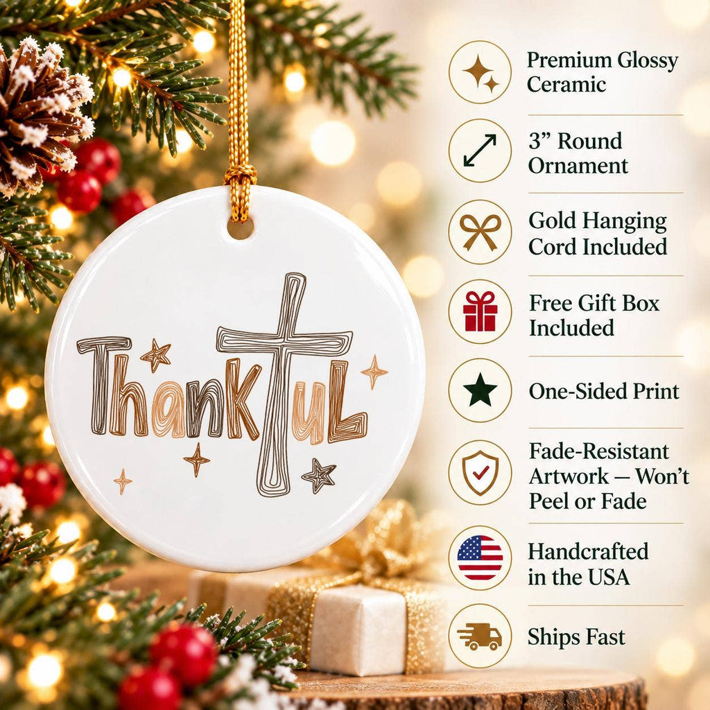 Thankful Cross Beige Ceramic Ornament with Gift Box