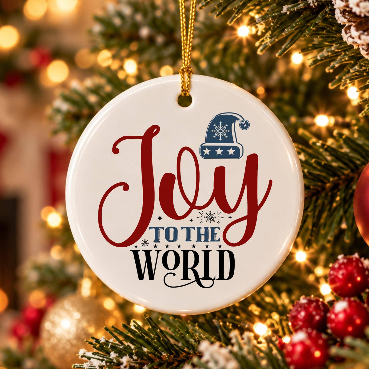 Joy to the World Ceramic Ornament with Winter Hat Design