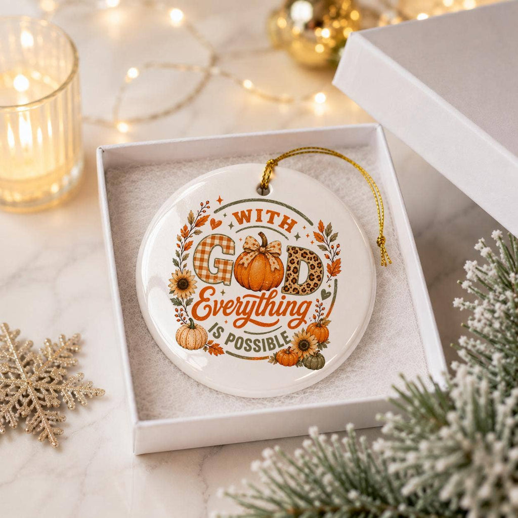 Inspirational Fall Plaid Ceramic Ornament - Faith & Pumpkins