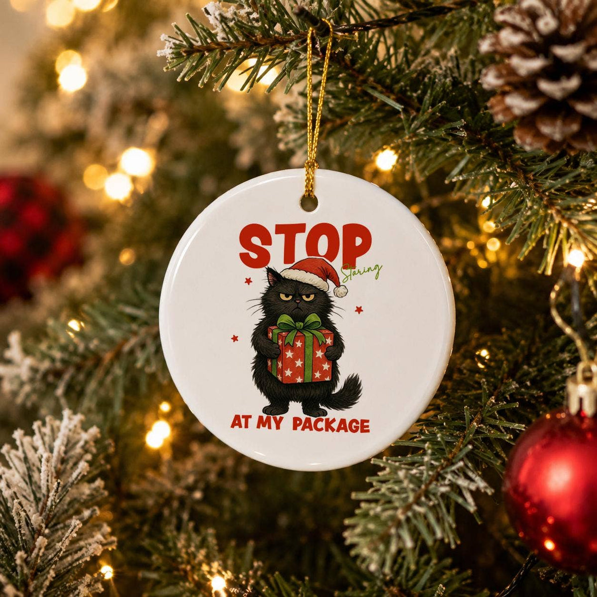 Humorous Cat Ornament with Santa Hat for Christmas Decor