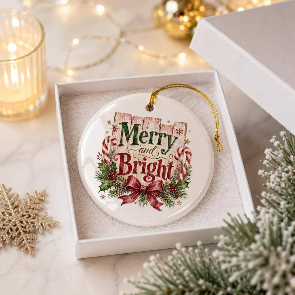 Merry & Bright Ceramic Ornament with Candy Canes & Holly