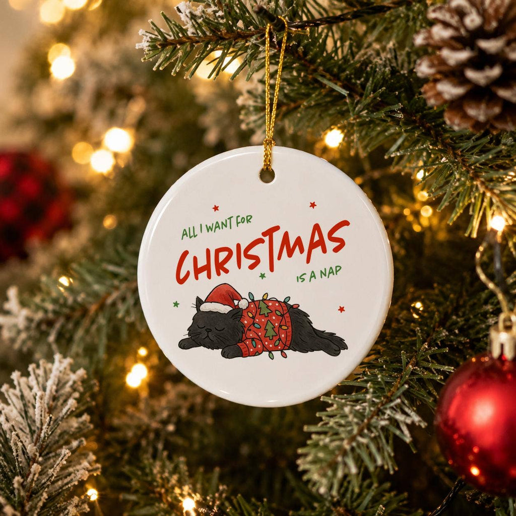 Cozy Black Cat Christmas Ornament in Gift Box with Ribbon