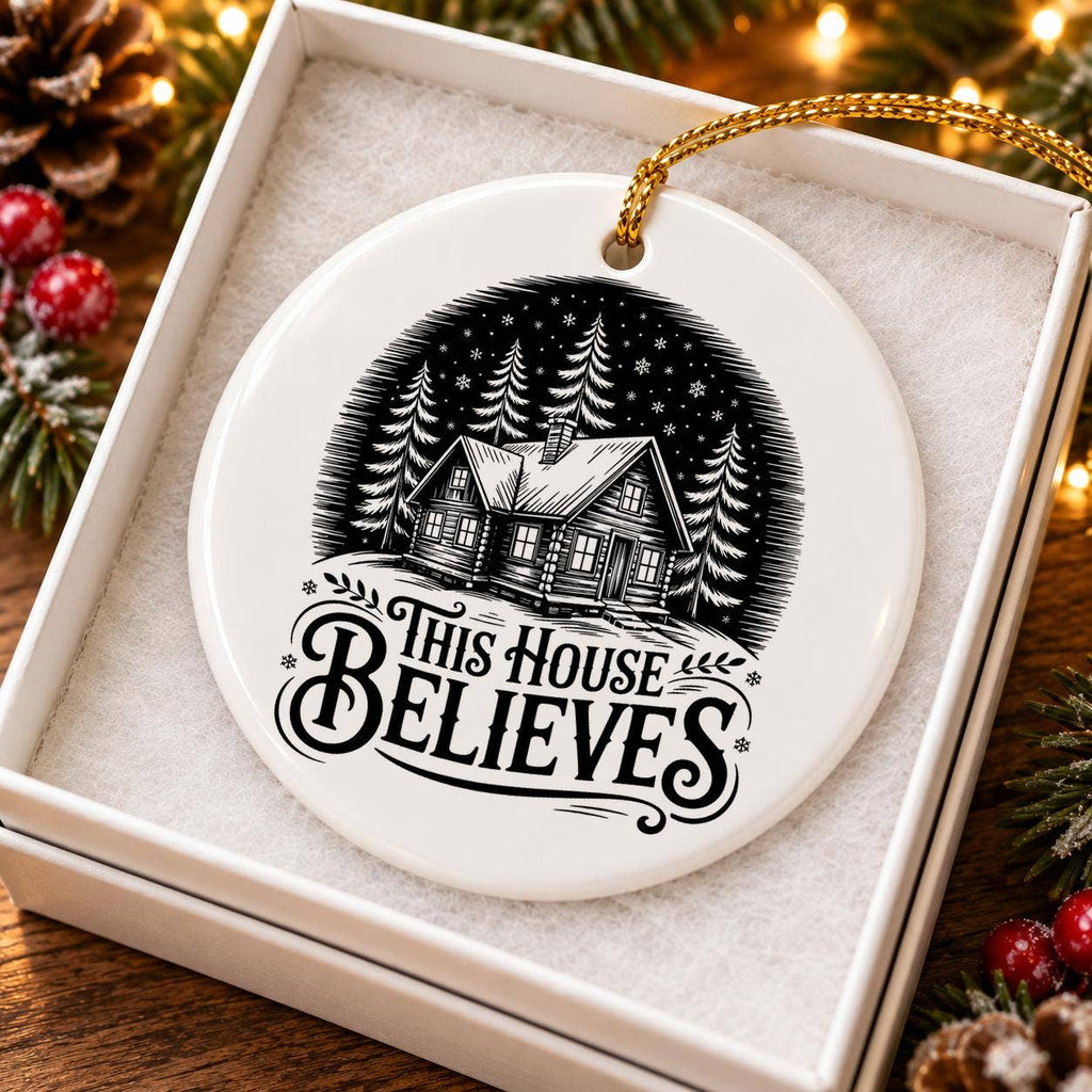 This House Believes Snowy Cabin Ceramic Christmas Ornament