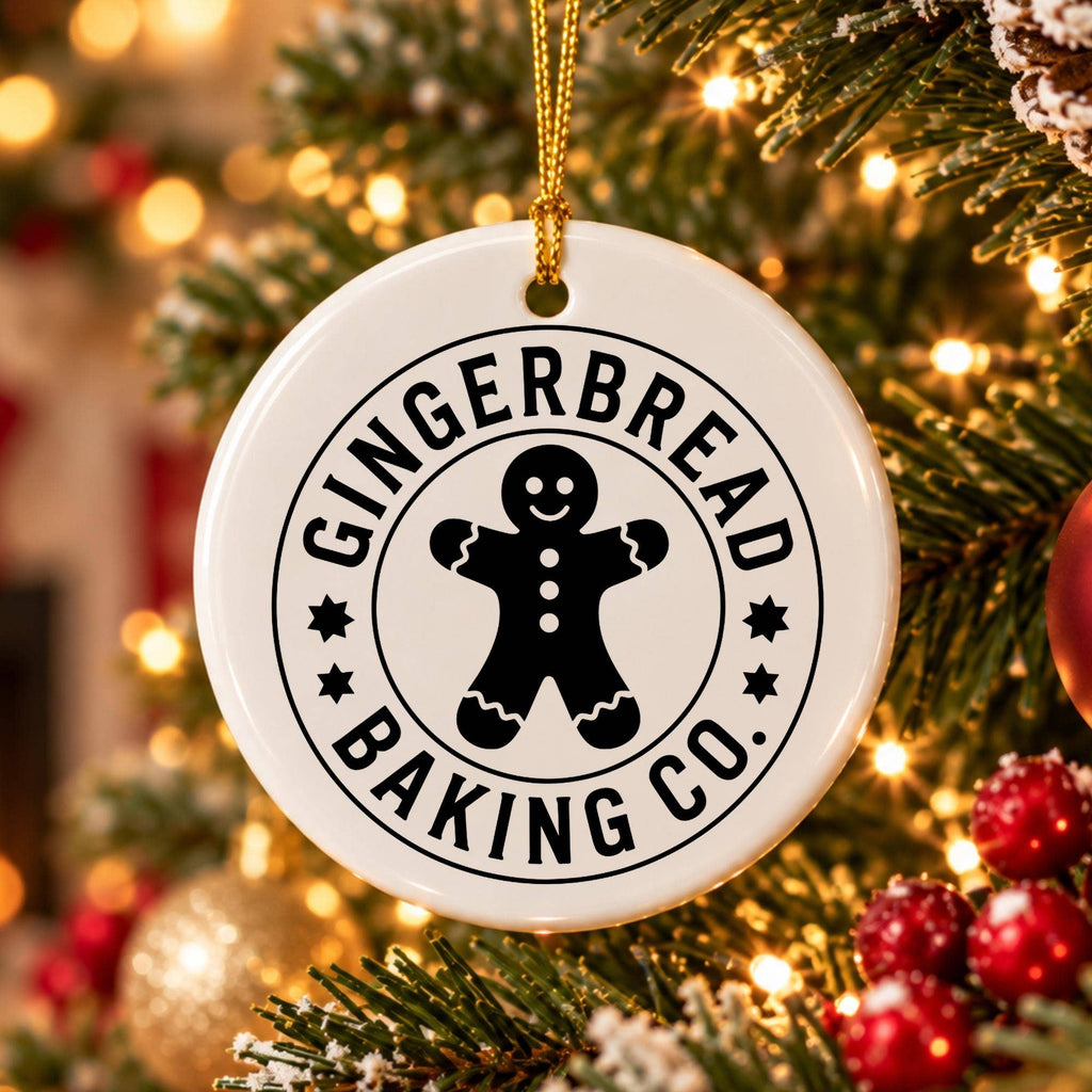 Holiday Gingerbread Man Ceramic Ornament with Gold Ribbon