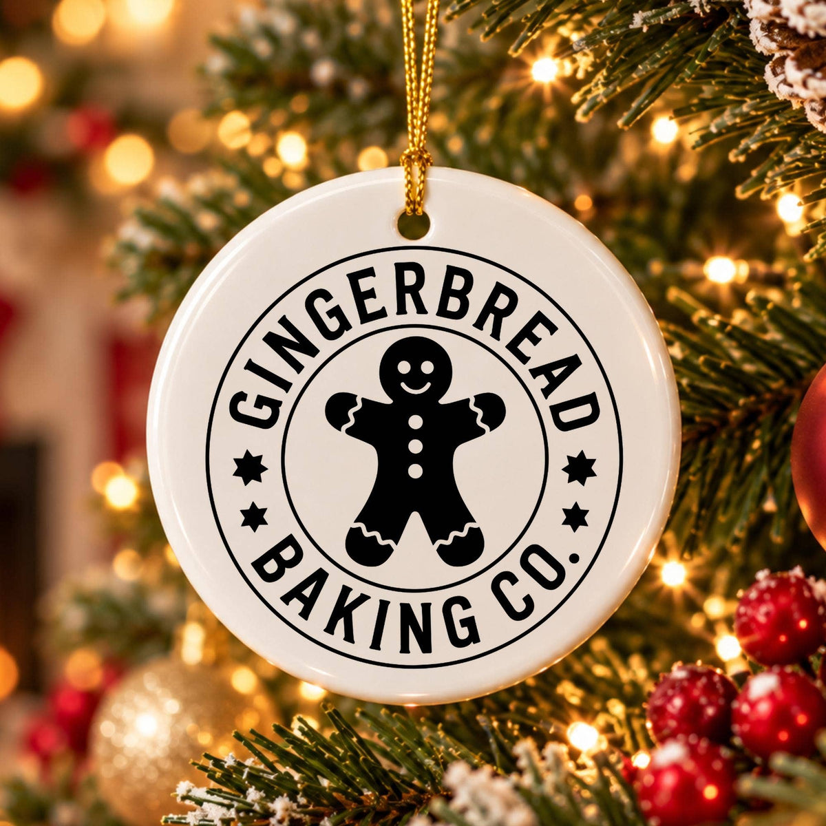 Holiday Gingerbread Man Ceramic Ornament with Gold Ribbon