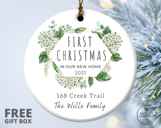New Home Ornament - Personalized First Home Christmas Ornament - Our First Home Ornament - New Home Botanical Framed Ceramic Ornament