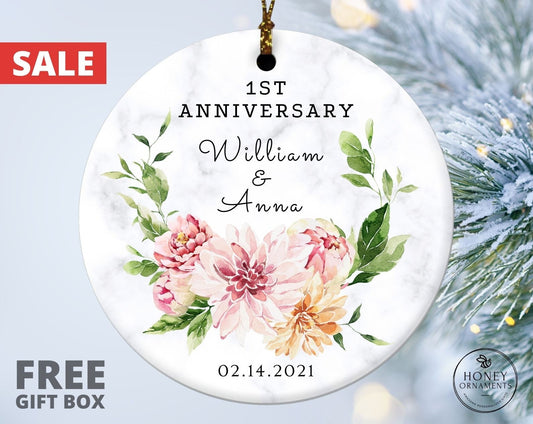 Personalized Anniversary Ornament, Floral Ceramic Keepsake