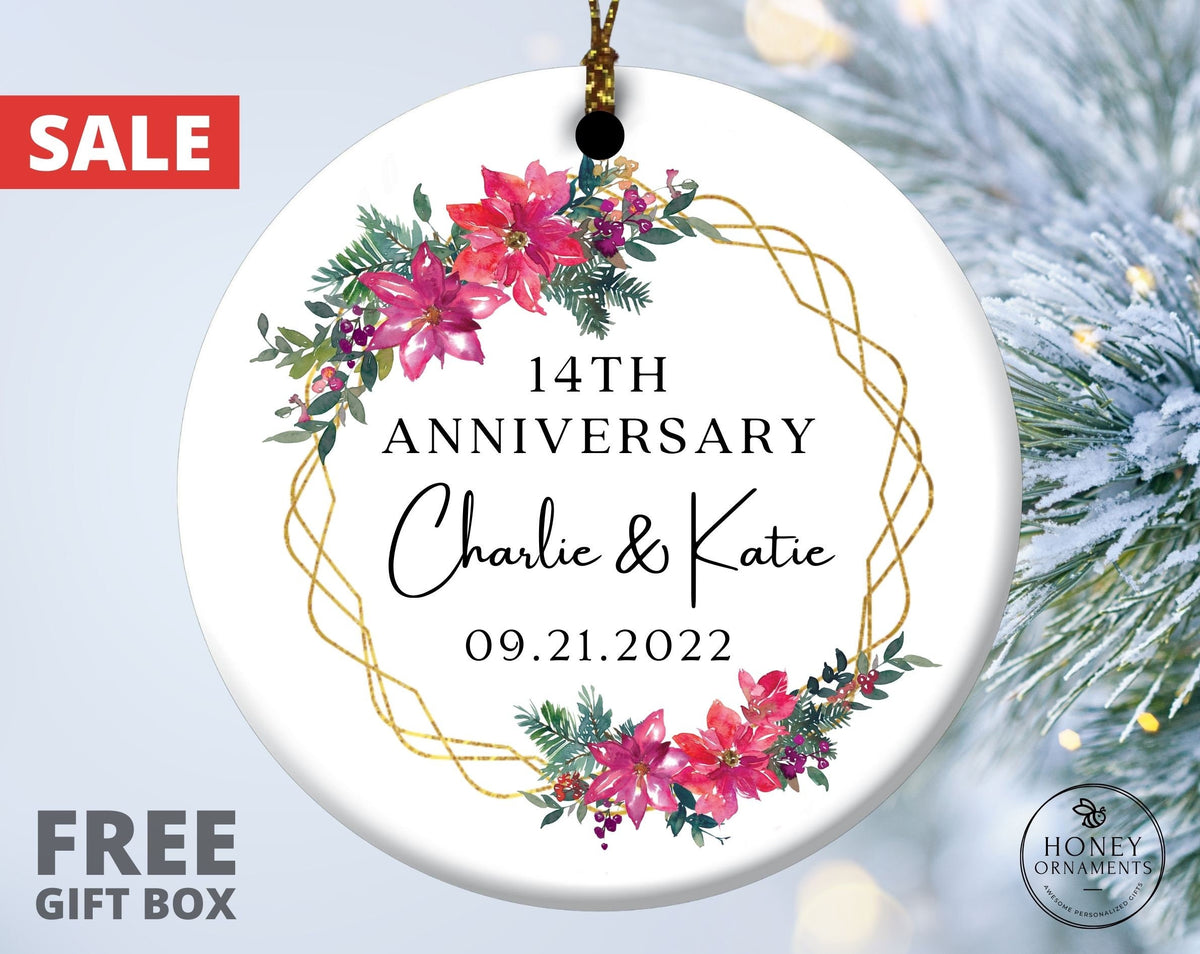 Personalized 14th Anniversary Ornament, Floral Wreath Ceramic Keepsake