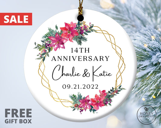 Personalized 14th Anniversary Ornament, Floral Wreath Ceramic Keepsake