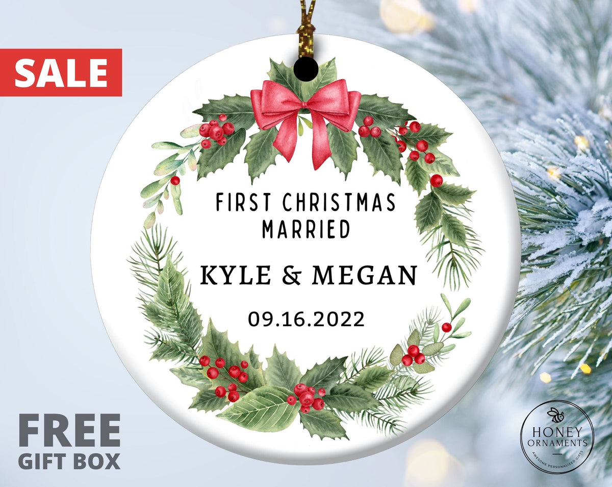 First Anniversary Gift for Couple, Mr and Mrs Christmas Ornament, Our First Christmas Married Ornament, Personalized Newlywed Gift Keepsake