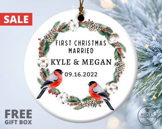 Our First Christmas Married Ornament, First Anniversary Gift for Couple, Mr and Mrs Christmas Wedding Ornament, Personalized Newlywed Gift